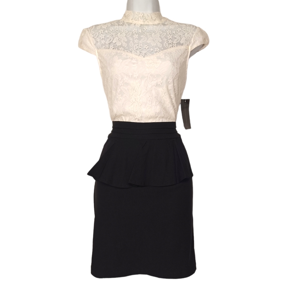 URBAN HEARTS Ivory Floral Lace Black Peplum Cap Sleeve Sheath Dress Large NWT